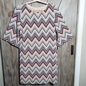 STUDIO ONE Shift Dress Sz M Flared 3/4 Sleeve Chevron Striped Artsy Minimalist